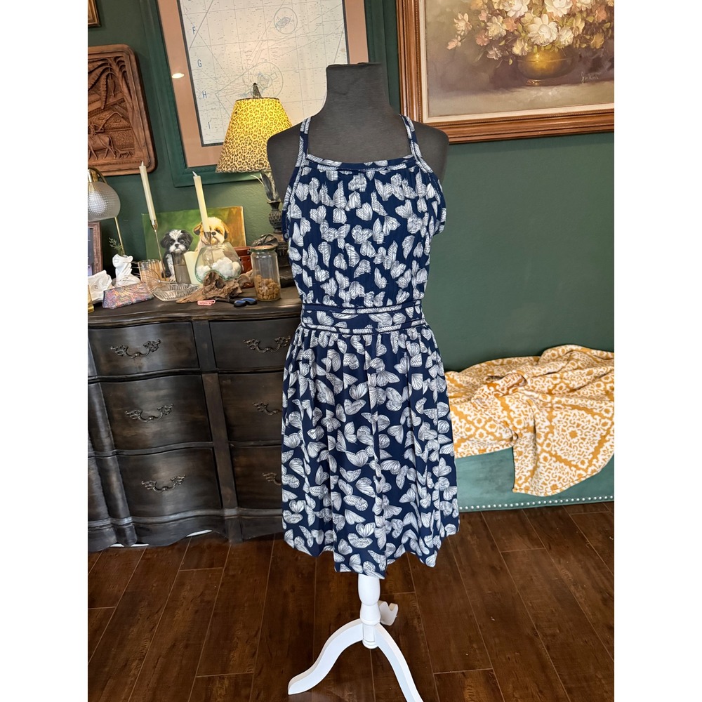 Layered with Love Navy Blue White Butterfly Print Pleated Fit Flare Dress Medium
